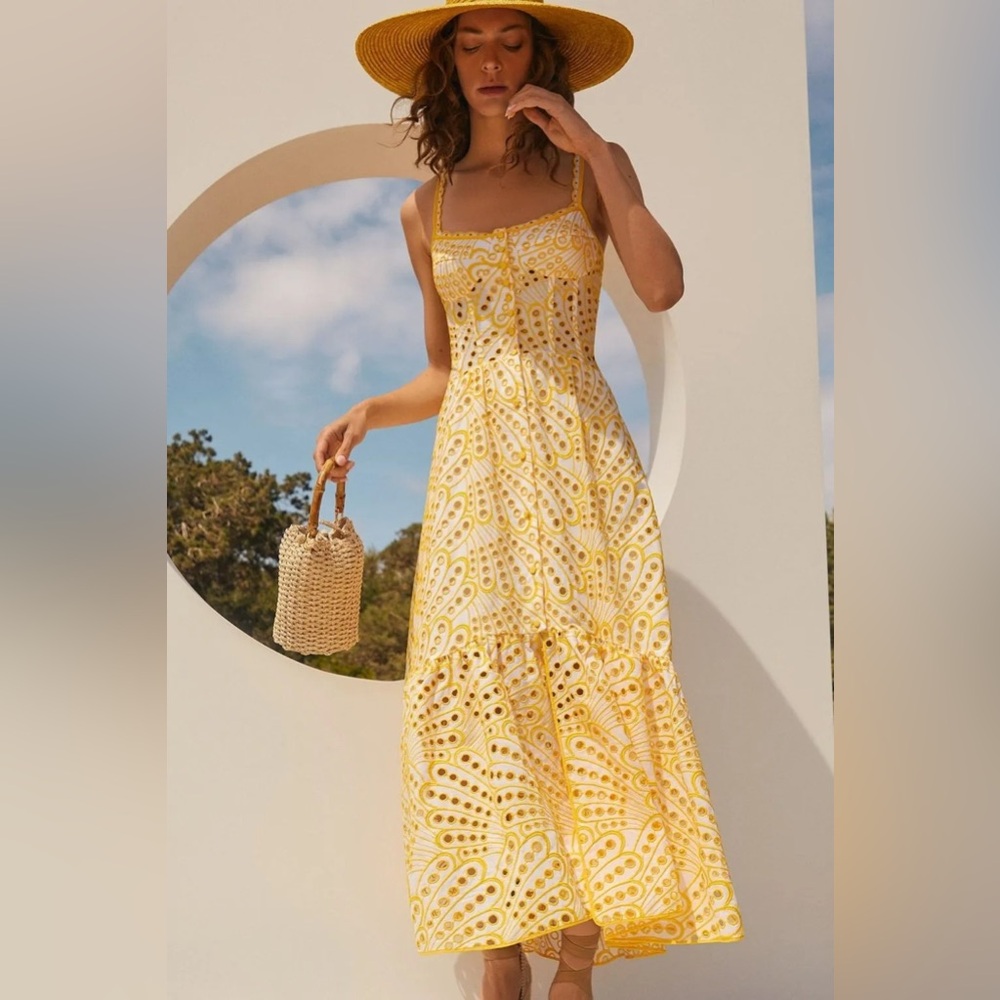 Lace Buttoned Ruffle Hem Cami Midi Dress Yellow